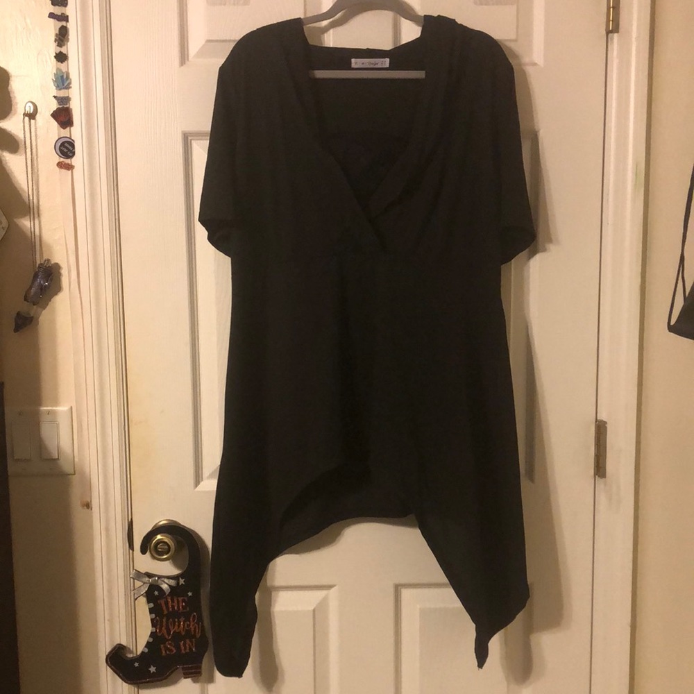 Black hooded faux wrap style top with black lace inlay